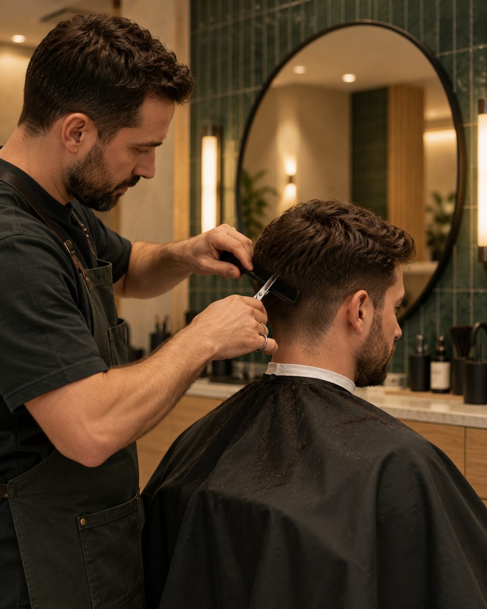 A barber giving a client a scissor cut