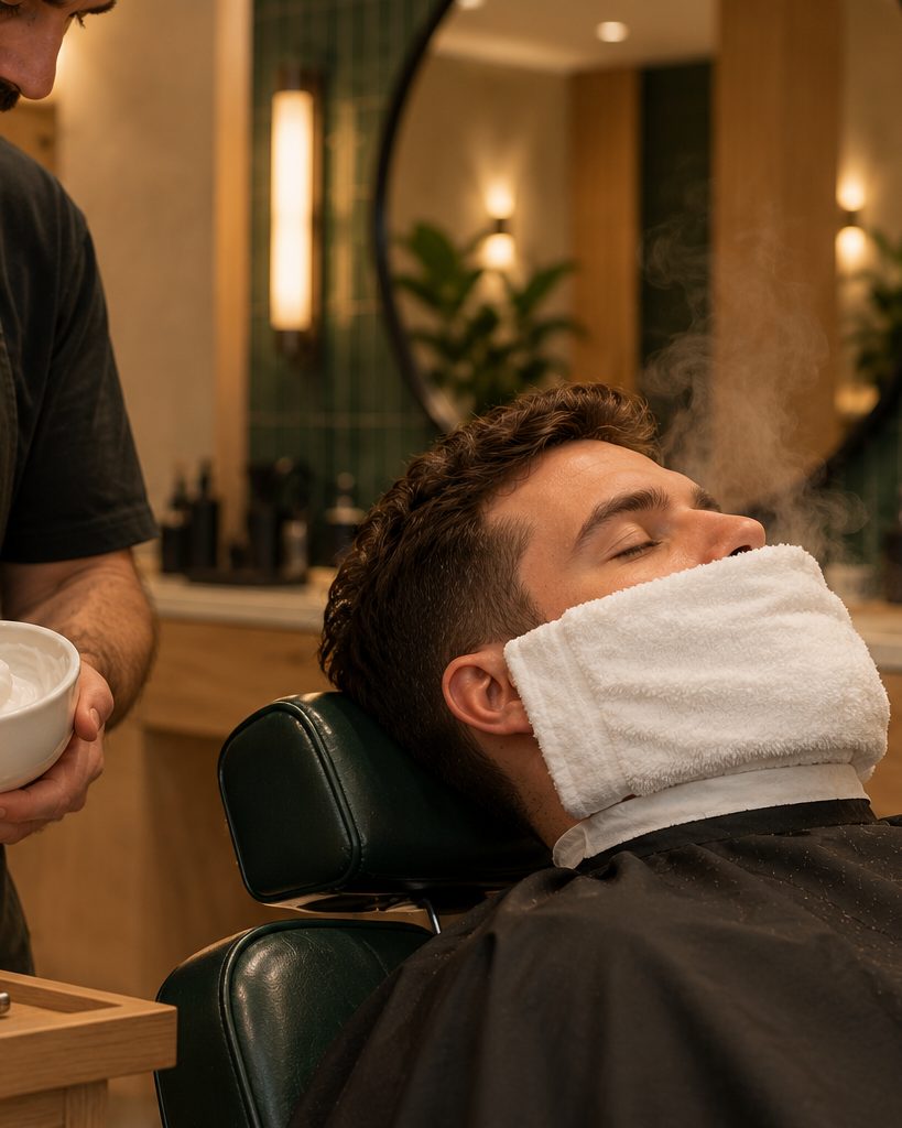 A client relaxing under a hot towel before a straight-razor shave